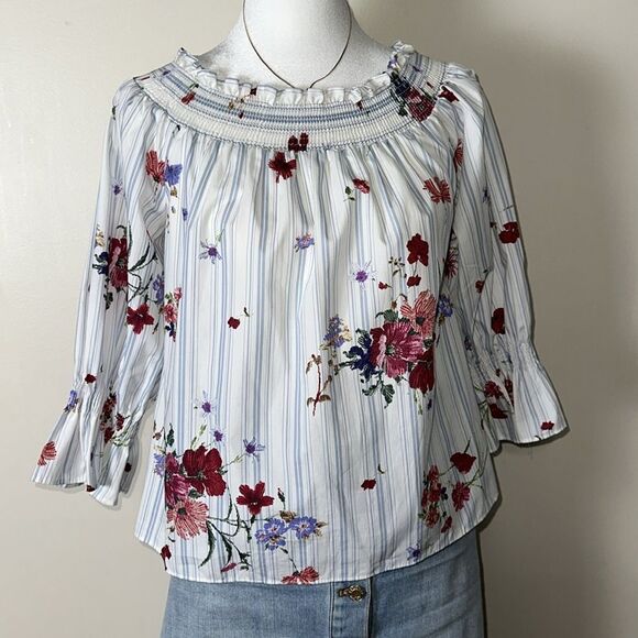 ZARA XS White Blue Vercial Stripe Floral Two Way Quarter Sl On Off Shoulder Top - Picture 3 of 10